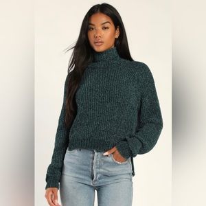 Lulus Fall, Y'all Teal Blue Chenille Knit Turtleneck Pullover Sweater Medium
